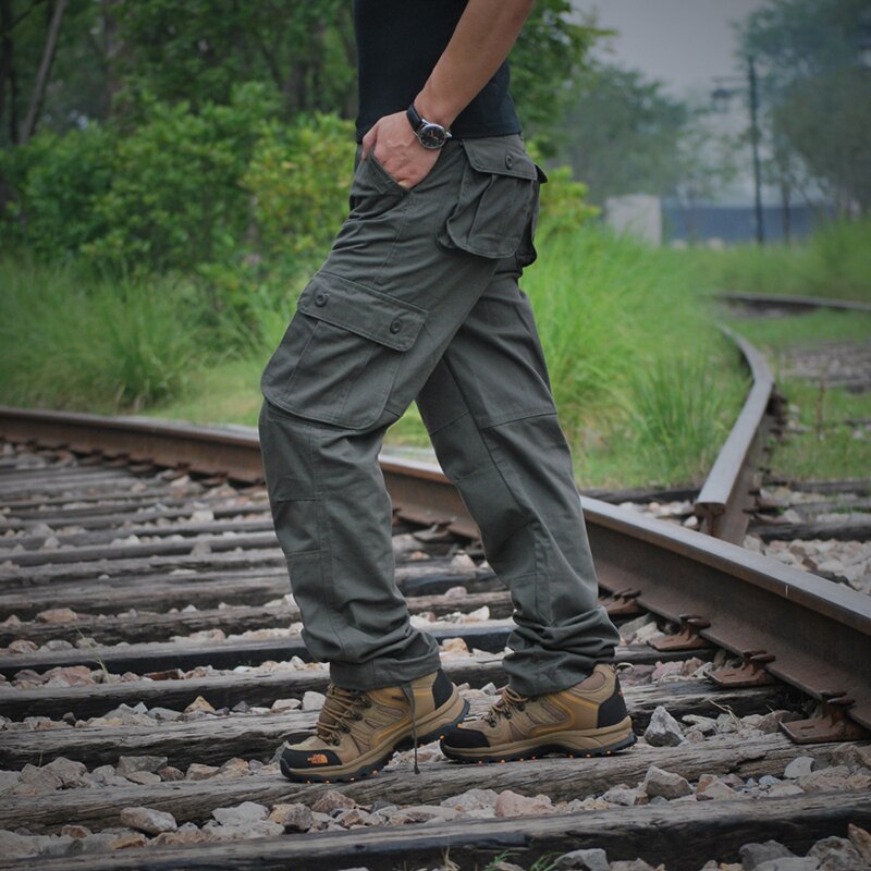 Men's Polyester Mid Waist Zipper Fly Multi Pocket Casual Trousers