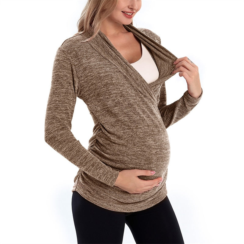 Women's Polyester V-Neck Full Sleeves Breastfeeding Maternity Top