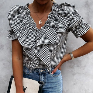 Women's V-Neck Short Sleeves Ruffle Pattern Plaid Vintage Blouses