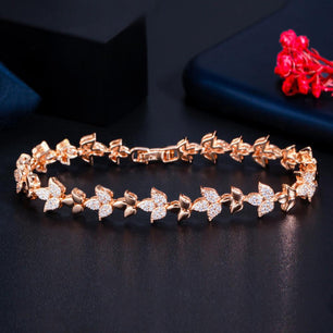 Women's Copper Cubic Zirconia Link Chain Plant Pattern Bracelet