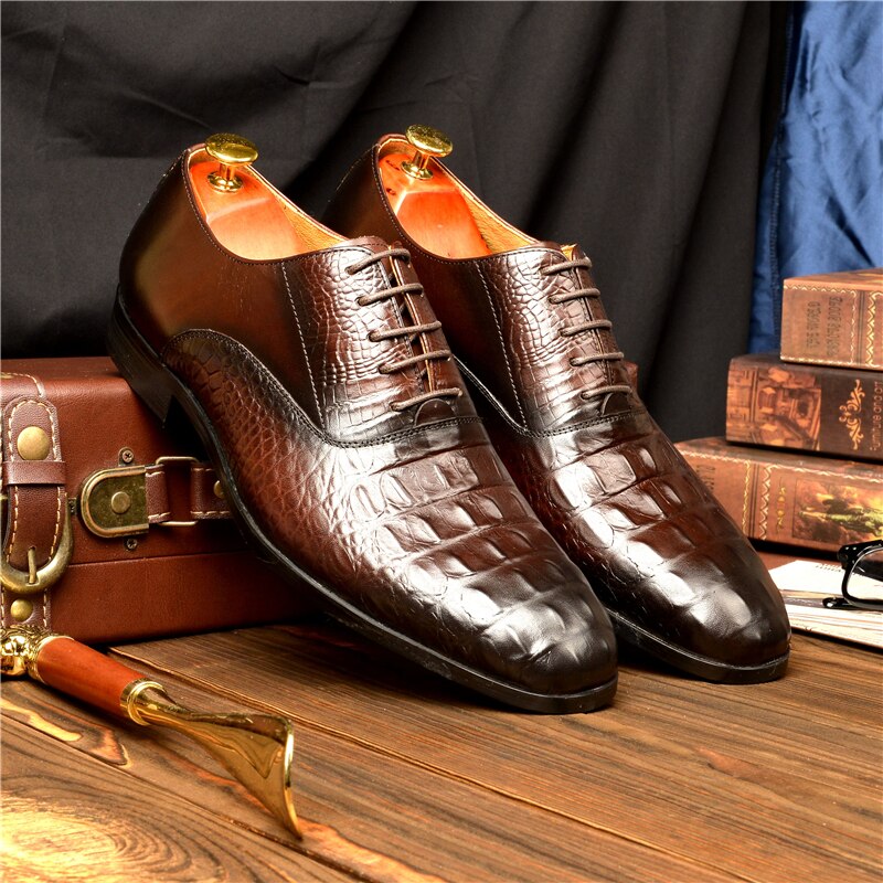 Men's Genuine Leather Pointed Toe Lace-up Closure Wedding Shoes