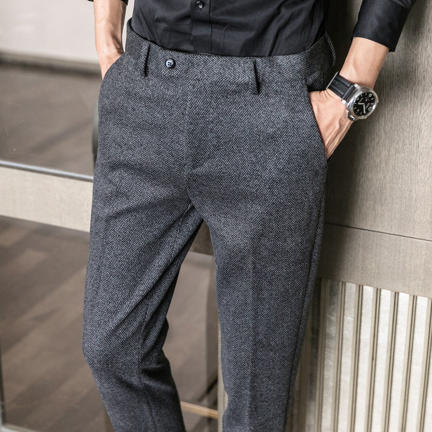 Men's Cotton Zipper Fly Closure Plain Pattern Casual Thick Pants