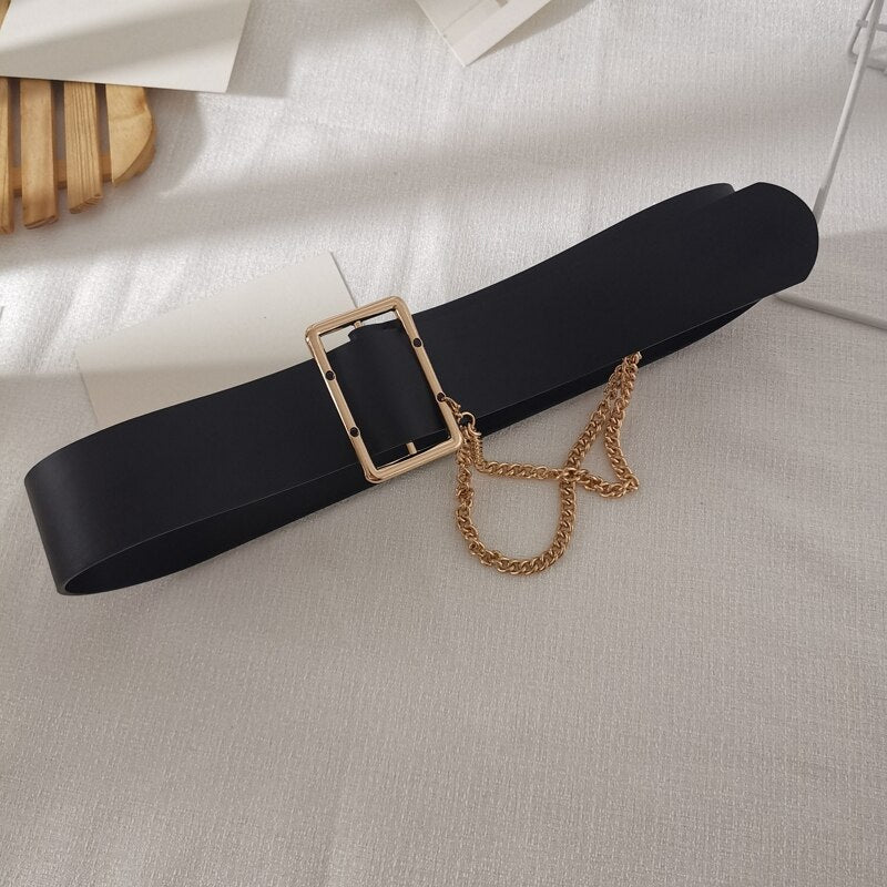 Women's PU Leather Buckle Closure Chain Tassel Waistband Belts