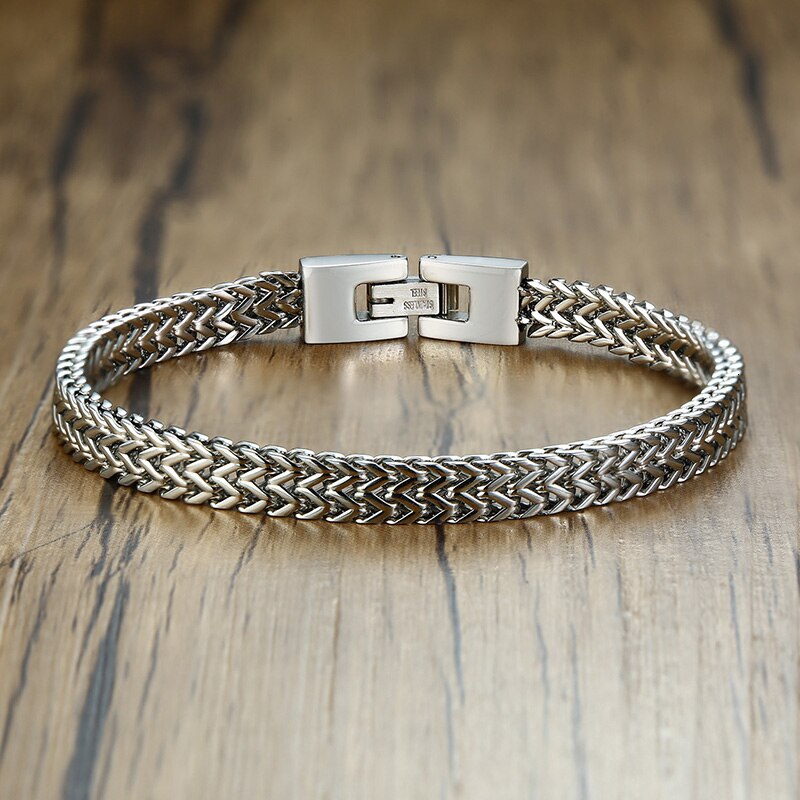 Men's Stainless Steel Fold Over Clasp Link Chain Round Bracelet