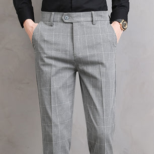 Men's Polyester Zipper Fly Closure Plaid Pattern Formal Pants