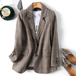 Women's Polyester V-Neck Single Breasted Closure Plaid Blazer