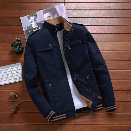 Men's Polyester Long Sleeves Zipper Closure Solid Pattern Jacket