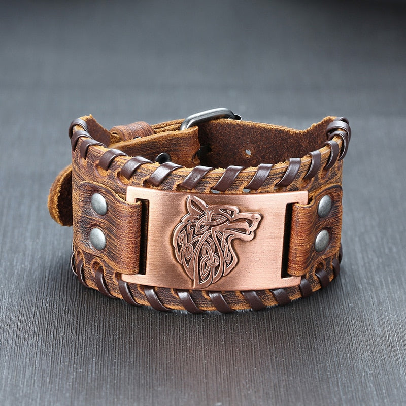 Men's Genuine Leather Round Shaped Link Chain Wrist Bracelet