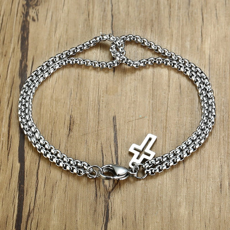 Men's Stainless Steel Box Chain Double Layer Cross Bracelet