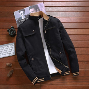 Men's Polyester Long Sleeves Zipper Closure Solid Pattern Jacket