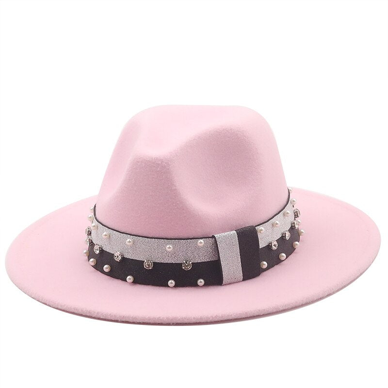 Women's Wool Ribbon Band Pearl Pattern Casual Wear Elegant Hat