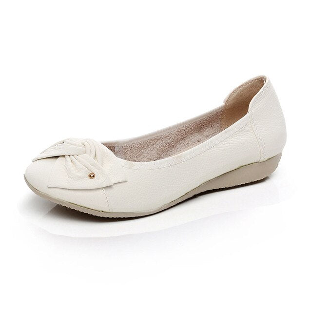 Women's Genuine Leather Round Toe Slip On Closure Solid Shoes