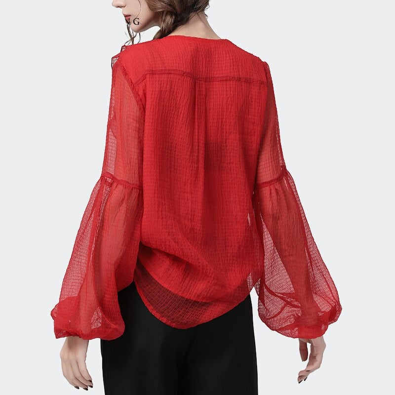 Women's Deep V-Neck Full Sleeve Solid Ruffle Chiffon Blouses