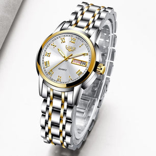 Women's Stainless Steel Push Button Hidden Clasp Waterproof Watch