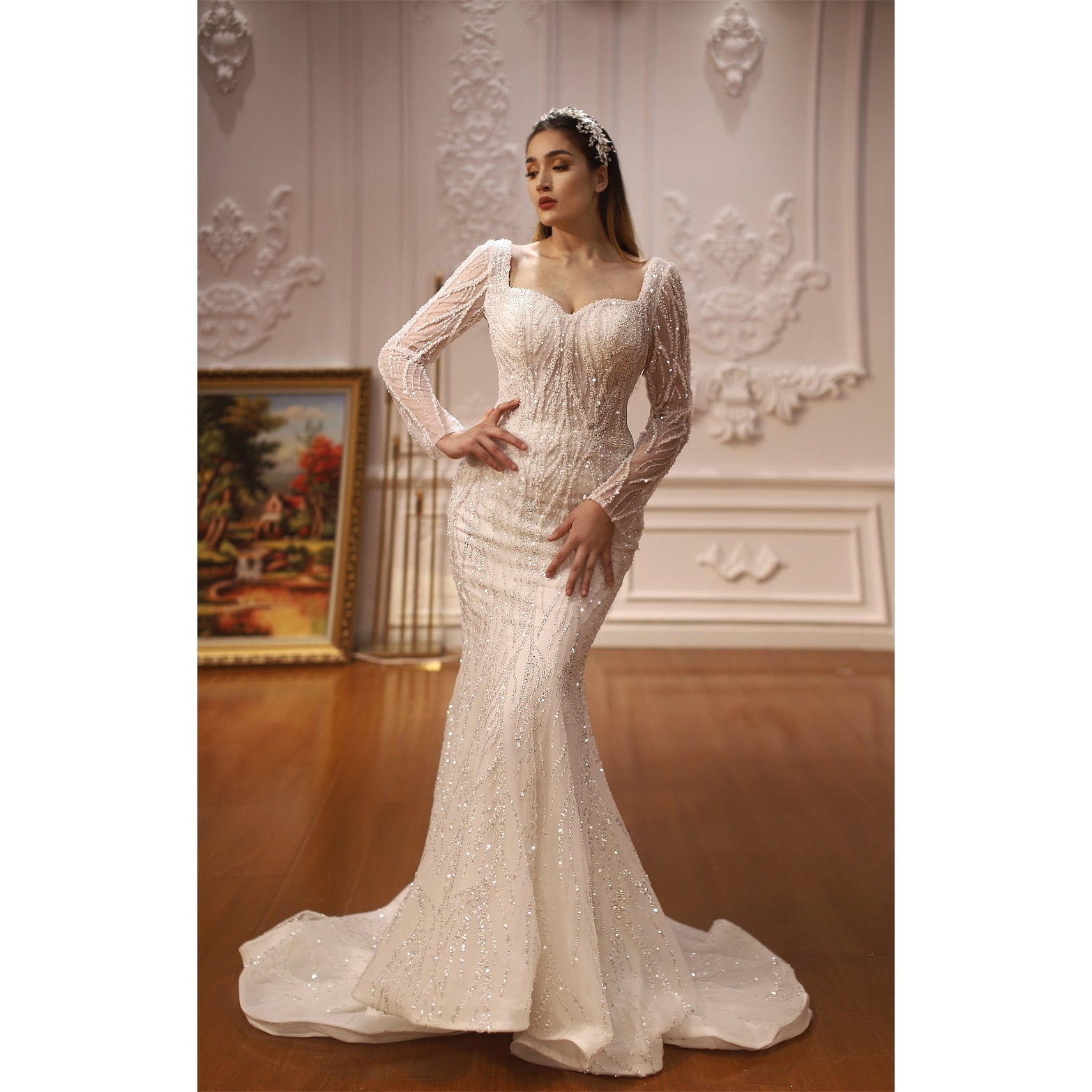 Women's Romantic Neck Full Sleeves Court Train Wedding Dresses