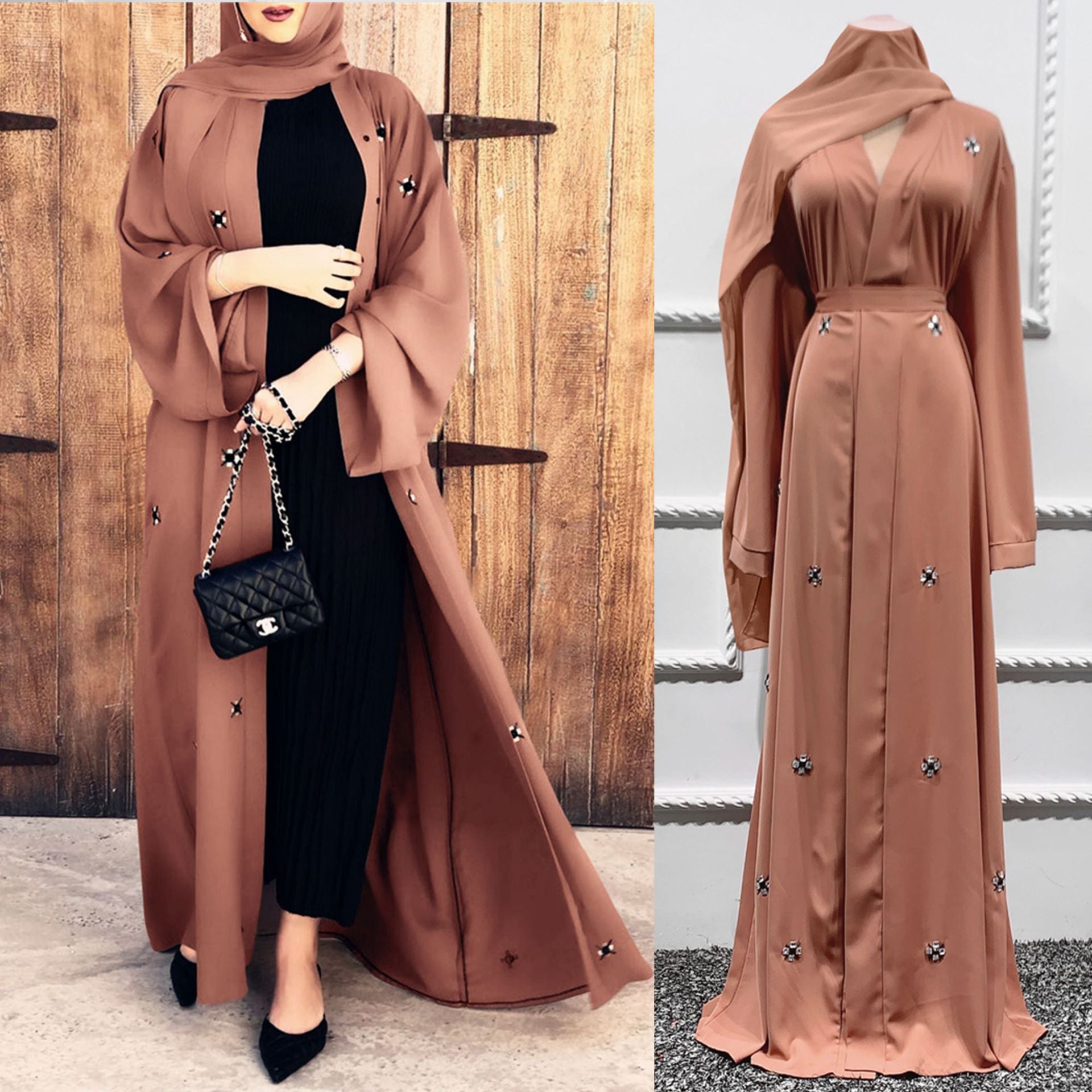 Women's Arabian Polyester Long Sleeve Solid Pattern Elegant Abaya