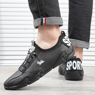 Men's Split Leather Round Toe Elastic Band Casual Wear Sneakers