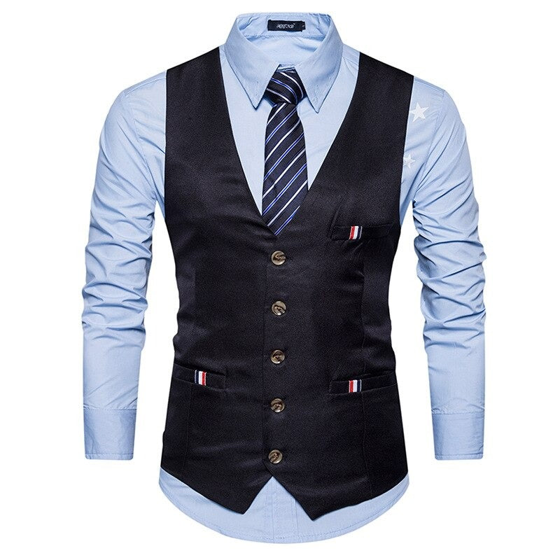 Men's Polyester V-Neck Single Breasted Formal Wear Suit Vest