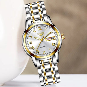 Women's Stainless Steel Push Button Hidden Clasp Waterproof Watch