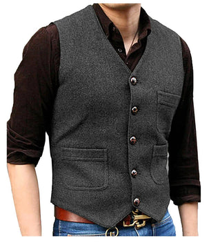 Men's Wool V-Neck Sleeveless Plain Single Breasted Formal Vests