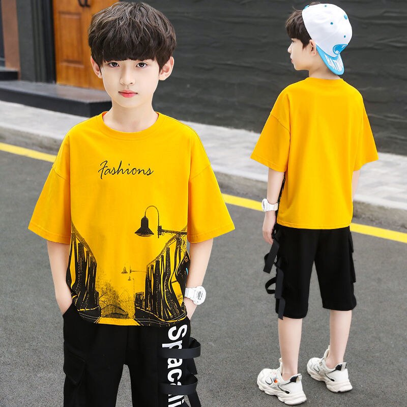 Kid's O-Neck Cotton Short Sleeves Printed Two-Piece Suit