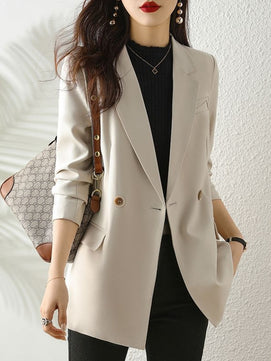 Women's Notched Collar Full Sleeves Double Breasted Solid Blazers