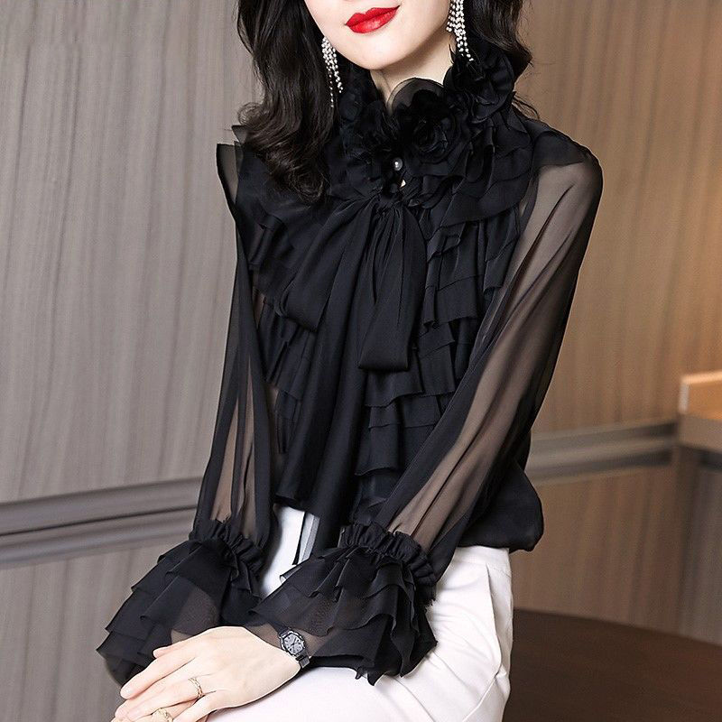 Women's Ruffled Bow Petal Full Sleeve Solid Blended Blouses