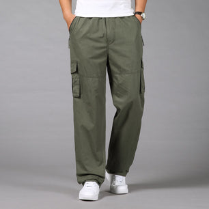Men's Polyester Mid Elastic Waist Casual Multi Pockets Trousers