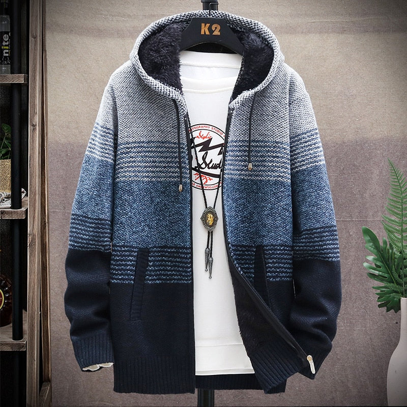 Men's Wool Full Sleeves Zipper Closure Hooded Striped Jacket