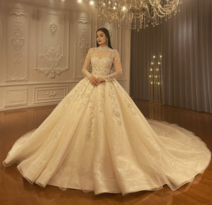 Women's High-Neck Full Sleeves Court Train Bridal Wedding Dress