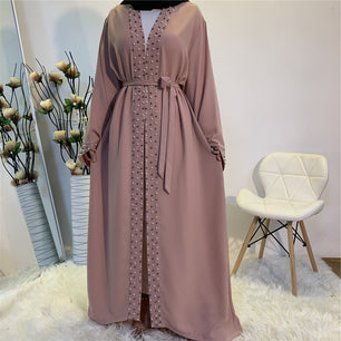 Women's Arabian V-Neck Polyester Full Sleeve Pearl Pattern Abaya