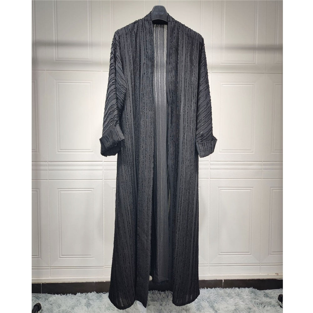 Women's Arabian Polyester Full Sleeves Striped Elegant Open Abaya