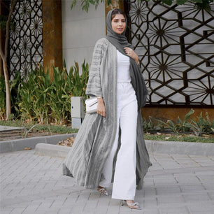 Women's Arabian Polyester Full Sleeves Striped Elegant Open Abaya