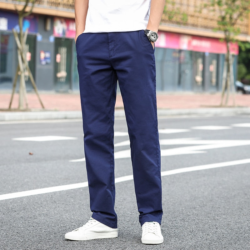 Men's Cotton Full Length Zipper Fly Closure Solid Casual Pants