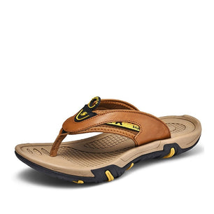 Men's Genuine Leather Clip Toe Breathable Flip Flops Slippers