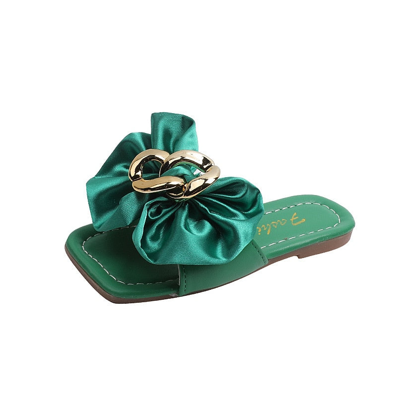 Kid's PU Square Toe Flip-Flops Beach Flat Bottom Bow Slippers