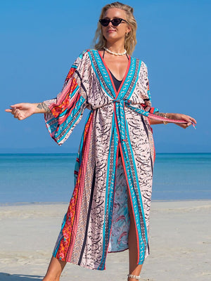 Women's Rayon Front Open Dotted Print Kaftan Beachwear Cover Up