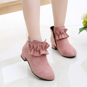 Kid's Girl Flock Square Heels Pointed Toe Zipper Closure Shoes