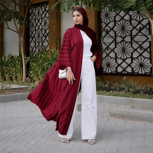 Women's Arabian Polyester Full Sleeves Striped Elegant Open Abaya