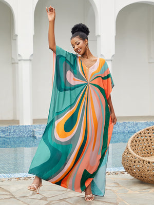 Women's Rayon V-Neck Long Sleeve Sexy Kaftan Beach Cover Up