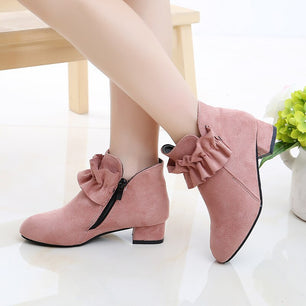 Kid's Girl Flock Square Heels Pointed Toe Zipper Closure Shoes