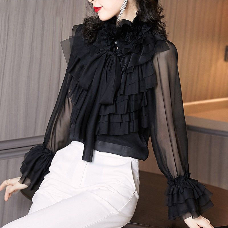 Women's Ruffled Bow Petal Full Sleeve Solid Blended Blouses