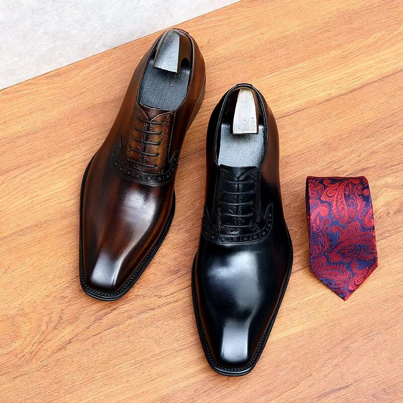 Men's Genuine Leather Square Toe Lace-up Closure Wedding Shoes