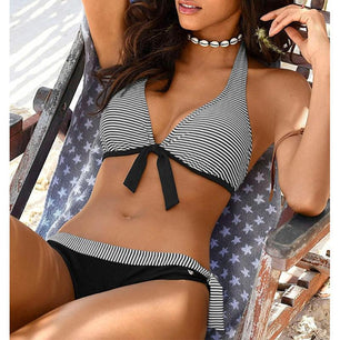 Women's Polyester Low Waist Striped Bathing Push Up Bikini Set