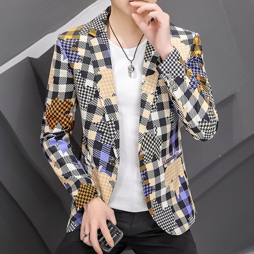 Men's Notched Collar Long Sleeve Printed Single Breasted Blazers