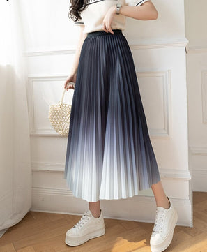 Women's Polyester Mid-Calf High Waist Pleated Casual Plain Skirt