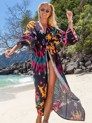 Women's Rayon Front Open Dotted Print Kaftan Beachwear Cover Up