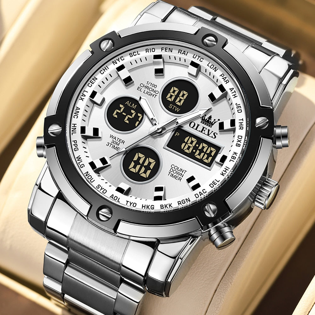 Men's Stainless Steel Folding Clasp Water-Resistant Round Watches