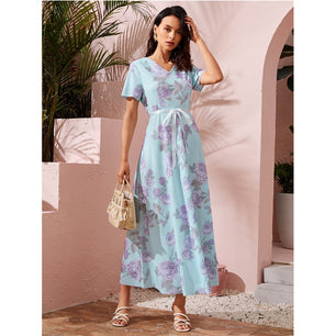 Women's Arabian V-Neck Polyester Full Sleeve Floral Pattern Dresses