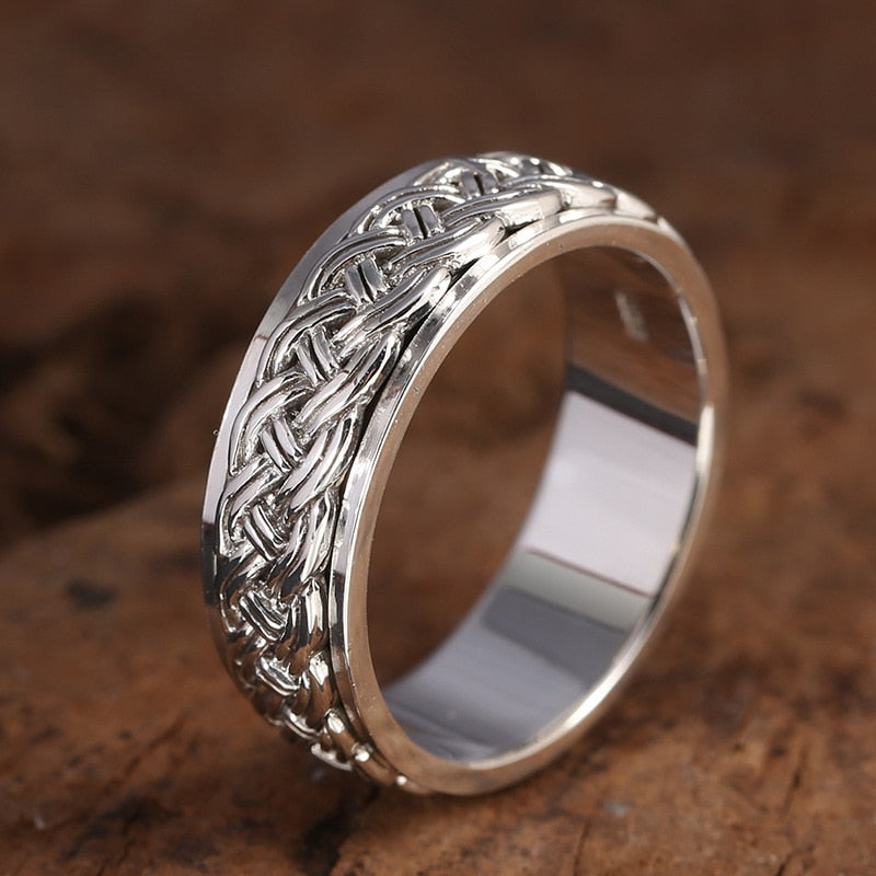 Men's 100% 925 Sterling Silver Round Pattern Trendy Rotating Ring